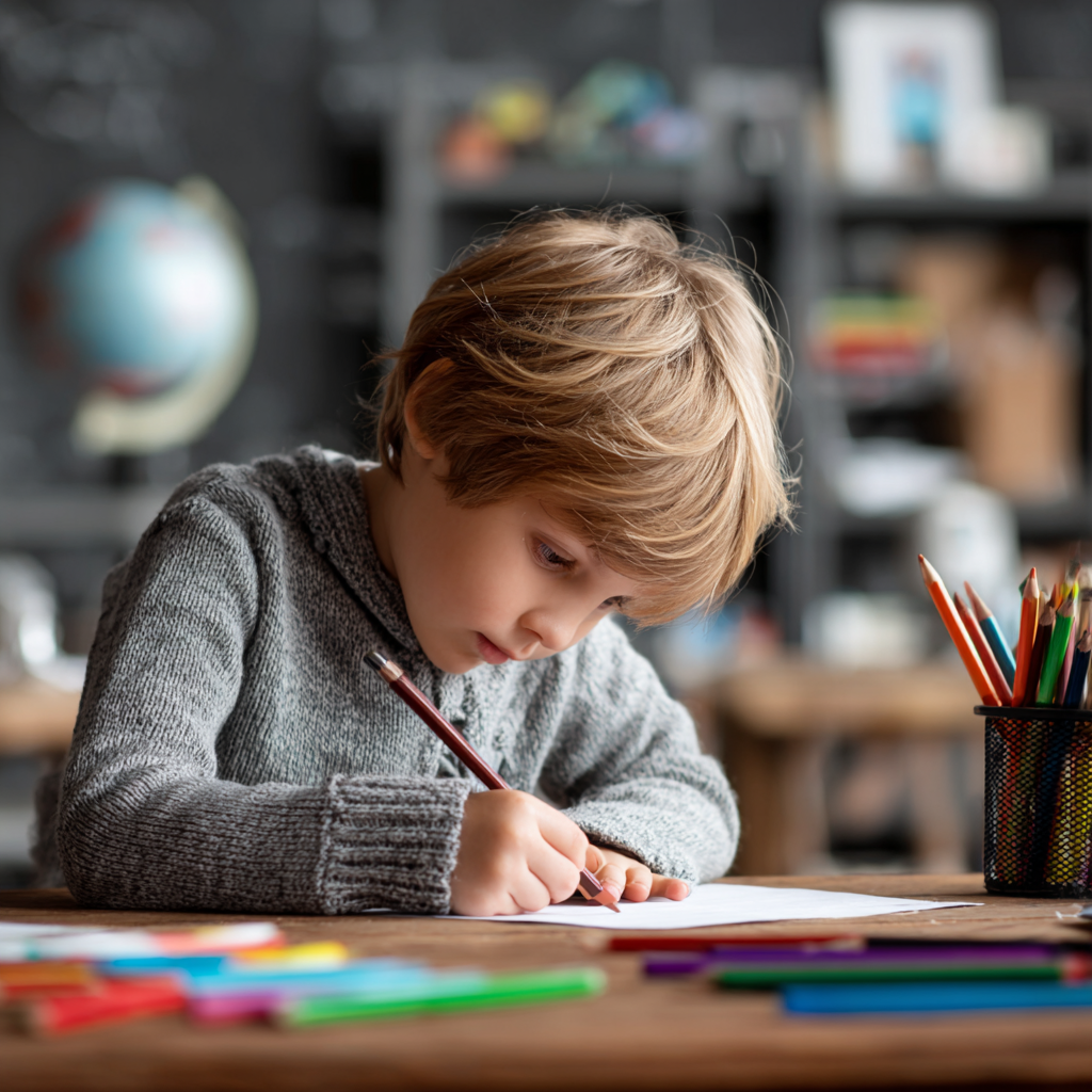 A child writing thoughtfully, suggesting the creativity task and broader skills. Alt text: A child writing a creative piece thoughtfully at a desk, suggesting the creativity and writing skills the new Reading School test rewards.