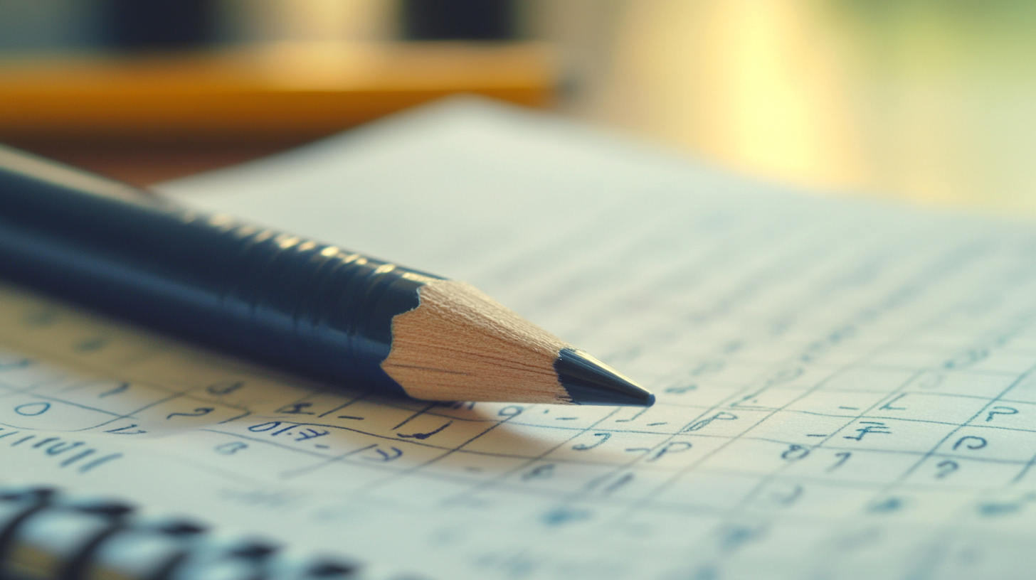 extreme close up of an open child's exercise book showing maths problems with pencil corrections and ticks, soft natural side light, navy pen and yellow highlighter resting on the page, warm wooden desk surface visible at edge, cream paper, editorial detail photography, shallow depth of field, calm studious mood -