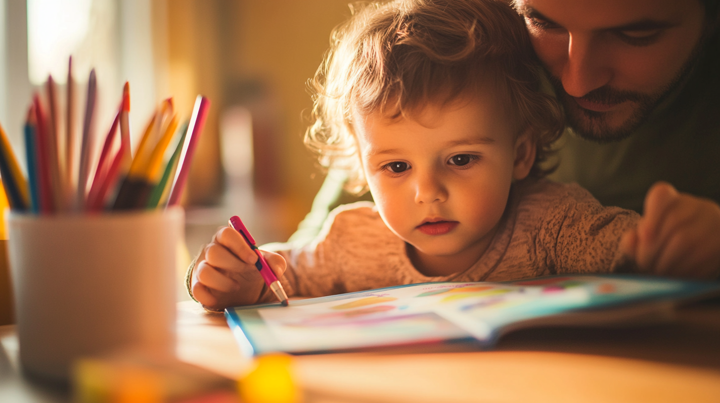 A parent and four year old child engaged in a learning activity together at home, suggesting daily preparation.