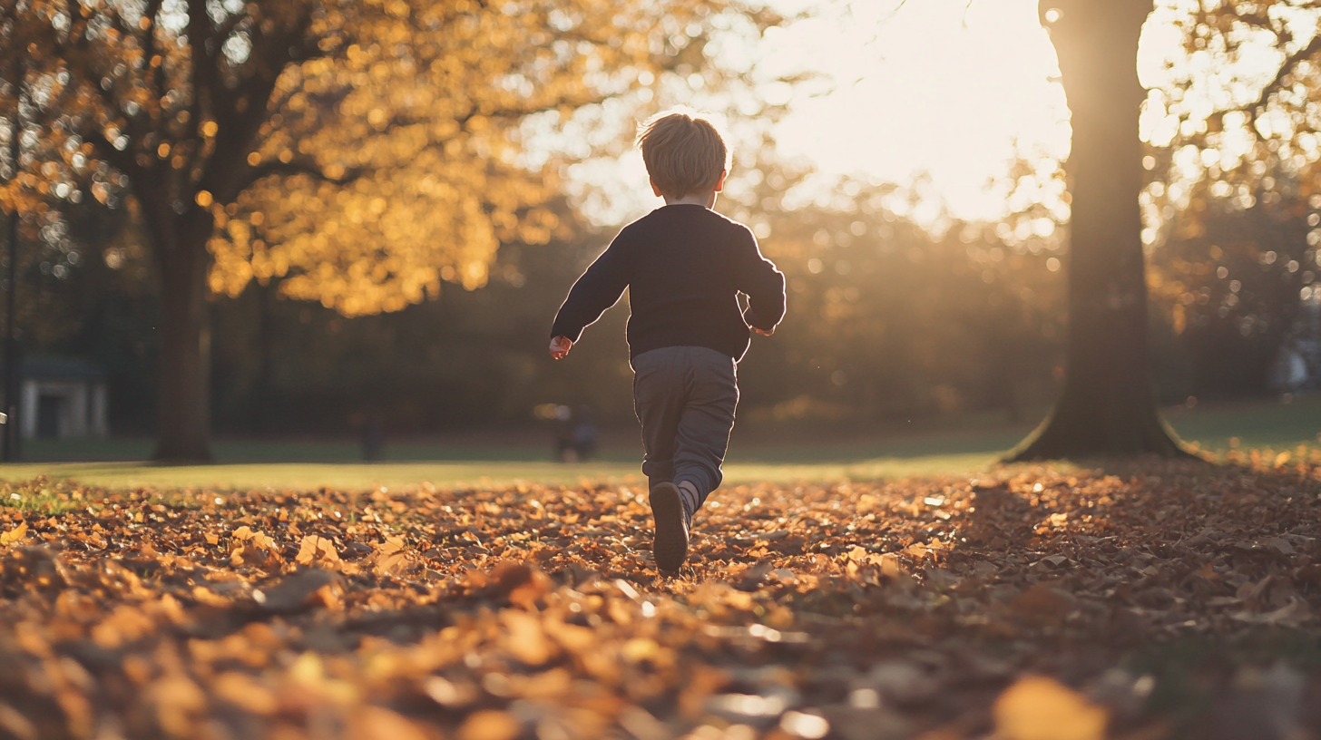 wide shot of a child aged 9 or 10 running through an English park at golden hour, autumn leaves on the ground, soft warm sunlight, motion blur on the legs, no face visible, navy school cardigan, cream and gold tones, editorial lifestyle photography, joyful free atmosphere